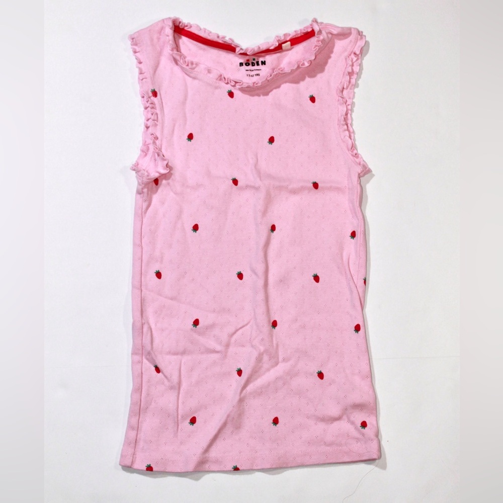 Mini Boden Pink Pointelle Strawberry Print Sleeveless Tank Top